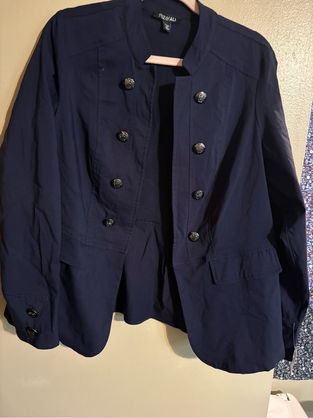 Roz & Ali Navy Double-Breasted Military-Inspired Blazer